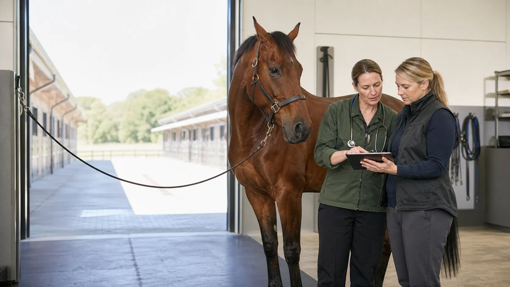 An equine veterinarian and care coordinator reviewing a case beside a horse