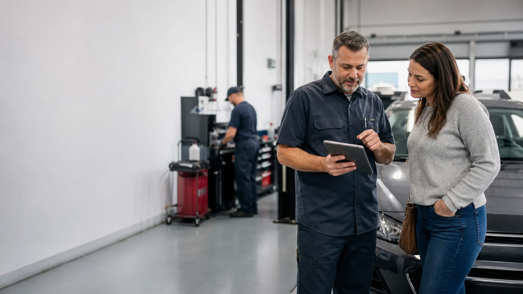 An auto repair service advisor reviewing vehicle information with a customer