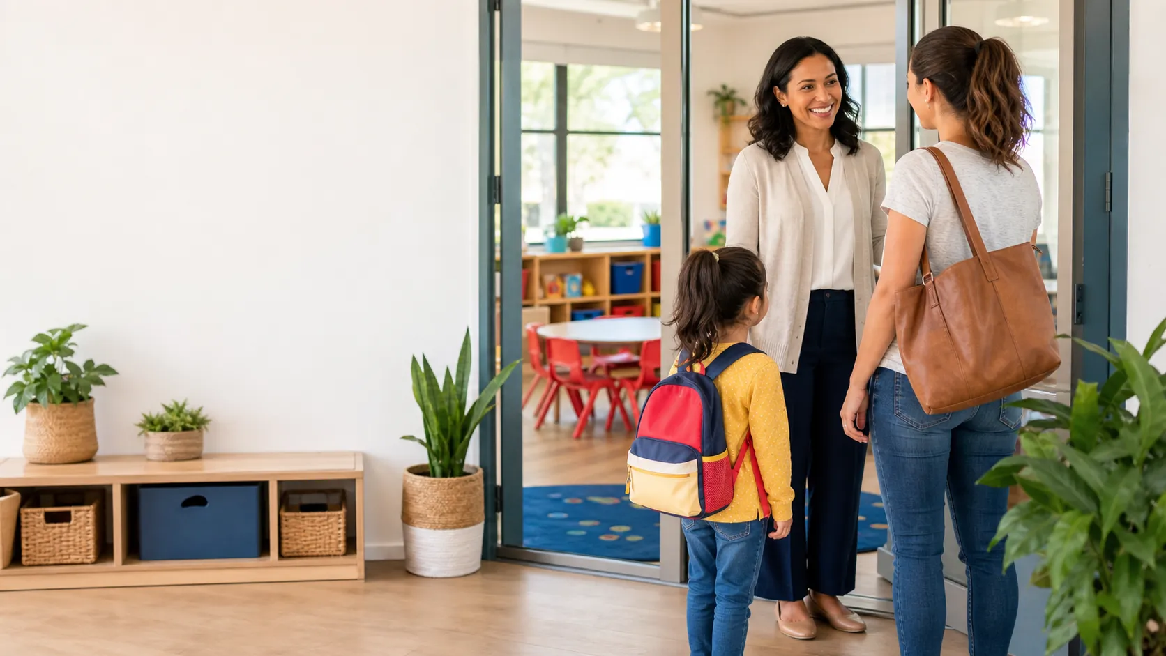 A day care director welcoming a parent and child at a learning center