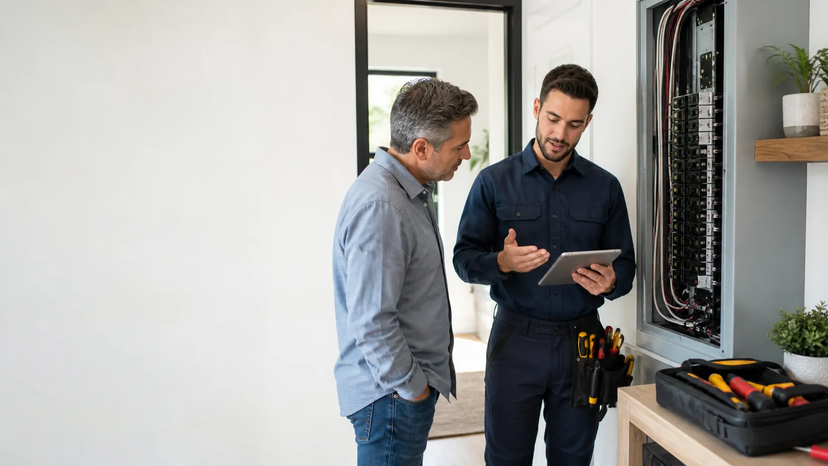An electrician explaining an electrical panel inspection to a homeowner