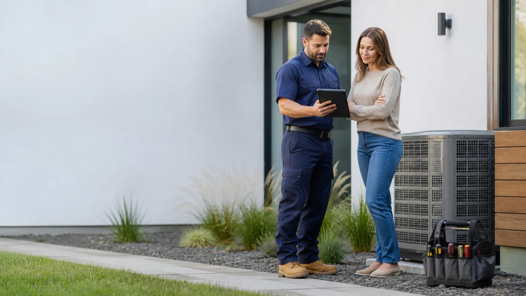 An HVAC technician reviewing service details with a homeowner beside an outdoor unit