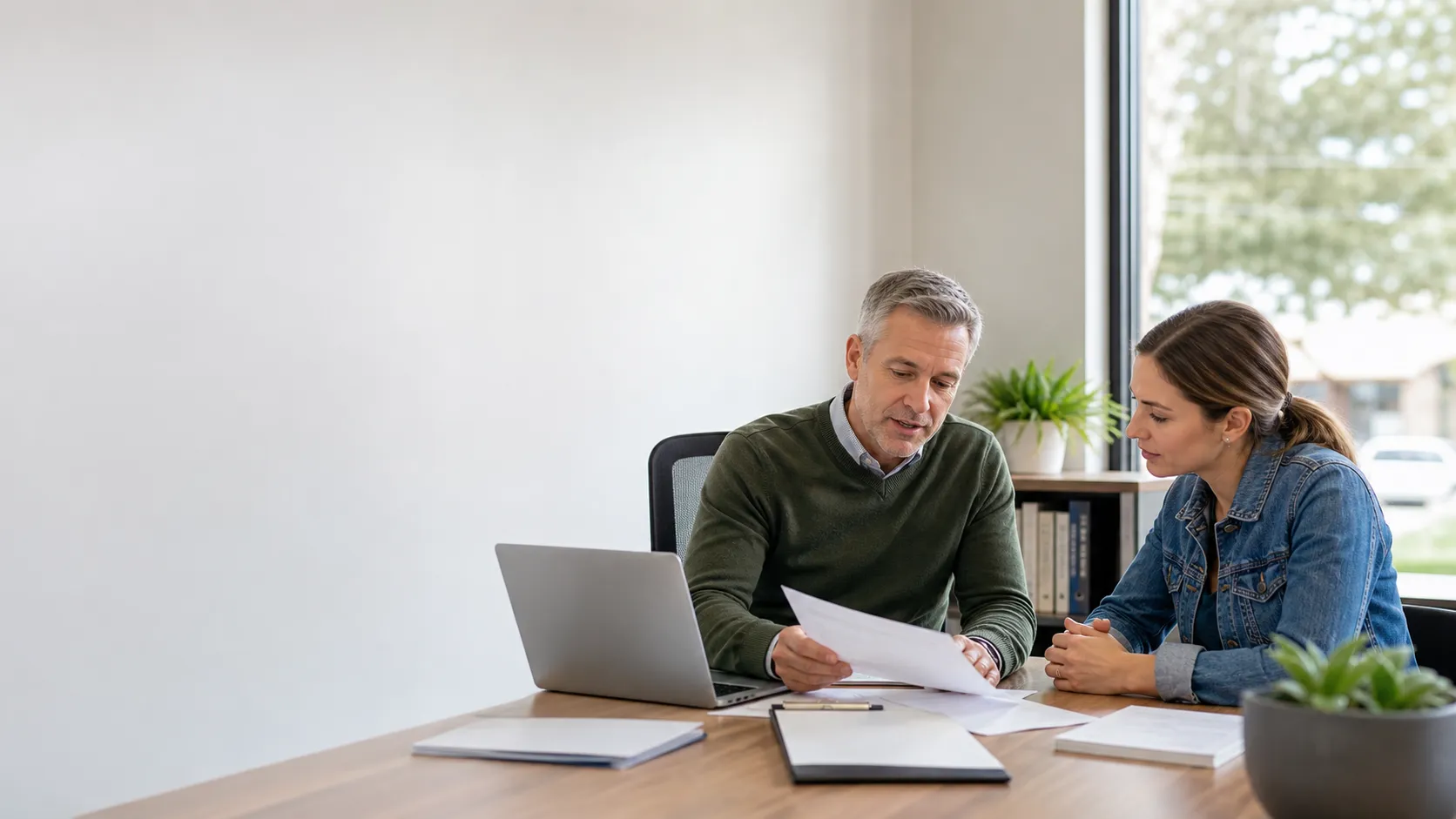 An insurance advisor reviewing coverage information with a business owner