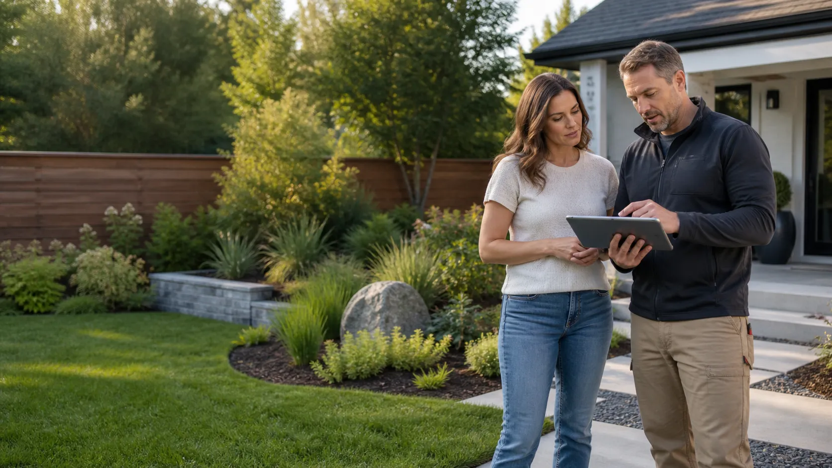 A landscaping professional reviewing a residential garden plan with a homeowner