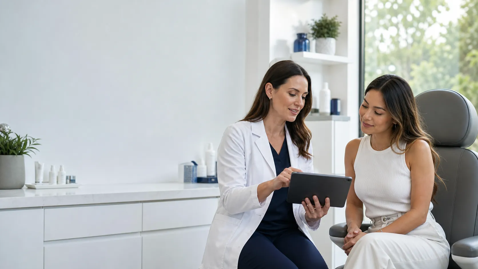 A MedSpa practitioner reviewing a treatment plan with a client