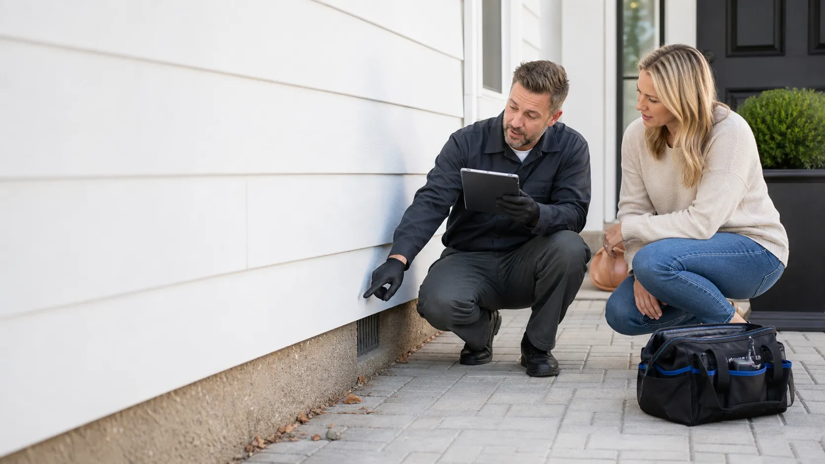A pest-control technician explaining a home exterior inspection to a homeowner