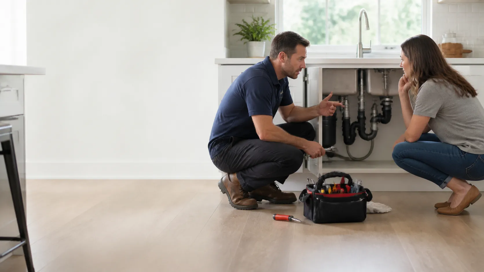 A plumber explaining an under-sink repair to a homeowner