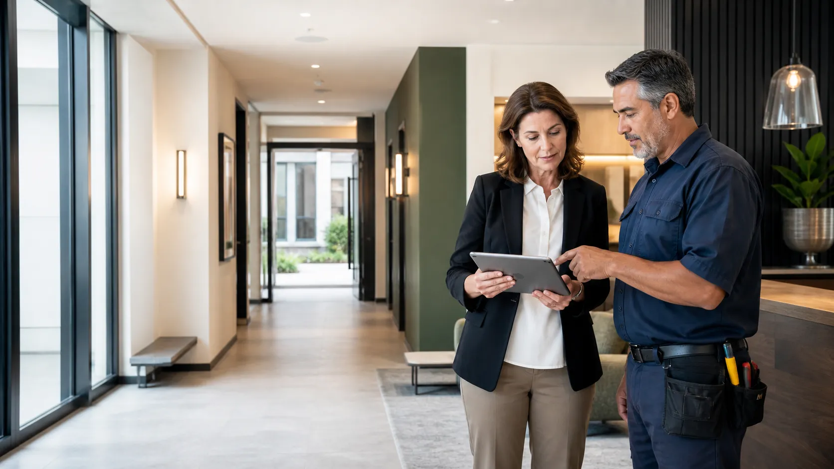A property manager and maintenance professional reviewing a tenant request