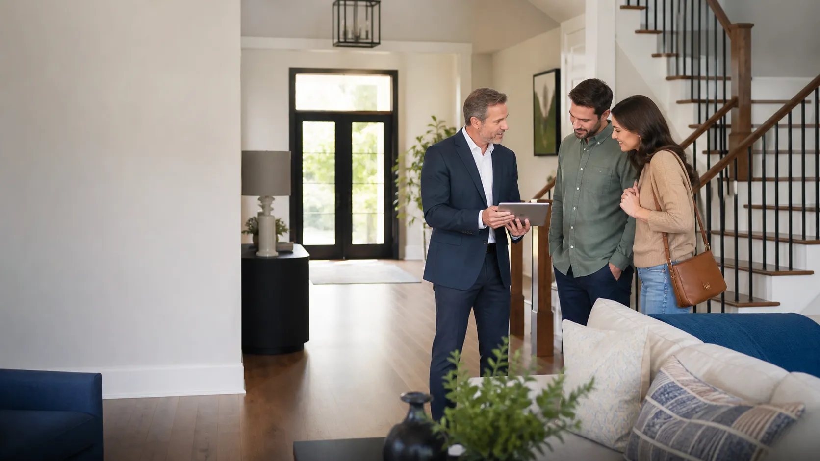 A Realtor reviewing property details with prospective buyers during a home showing