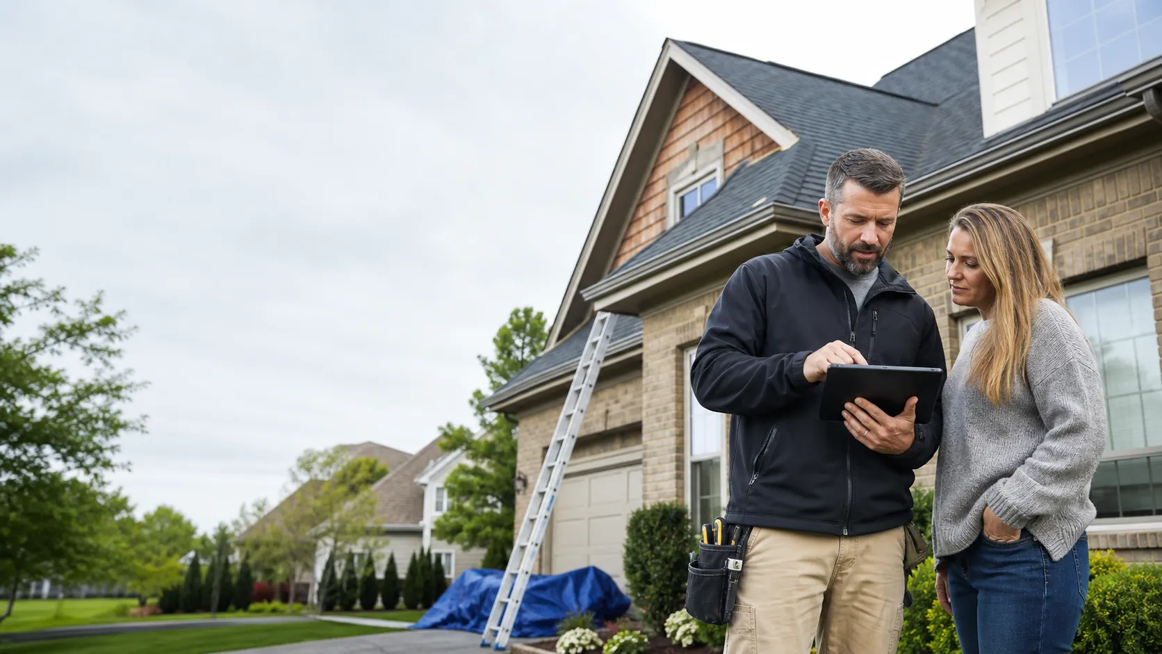 A roofing contractor reviewing roof inspection details with a homeowner